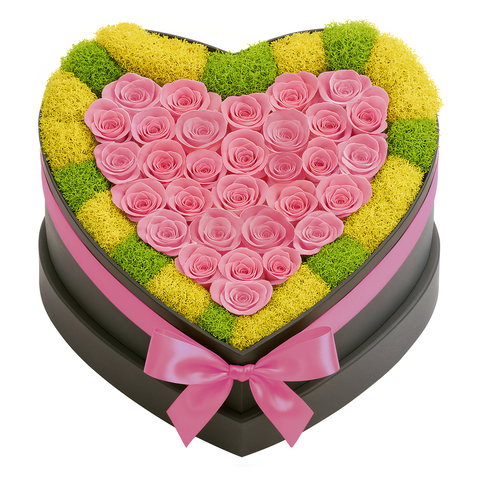 30 Pink Preserved Forever Roses in Heart Box