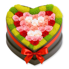 30 Multicolor Pink Preserved Forever Roses in Heart Box