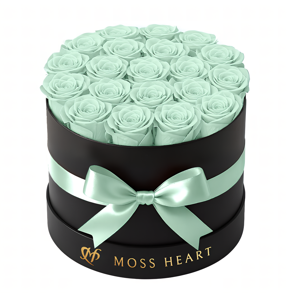 20 Teal Preserved Forever Roses in Round Box – Moss Heart