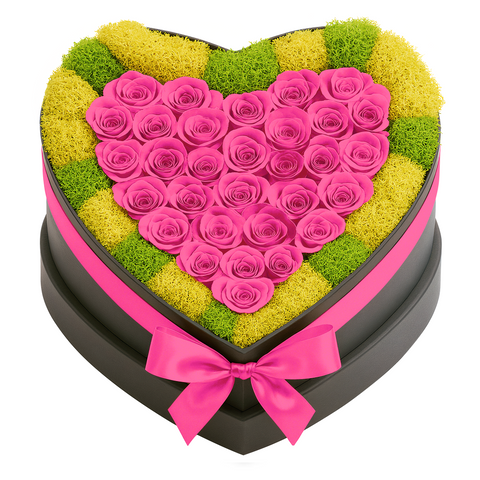 30 Hot Pink Preserved Forever Roses in Heart Box