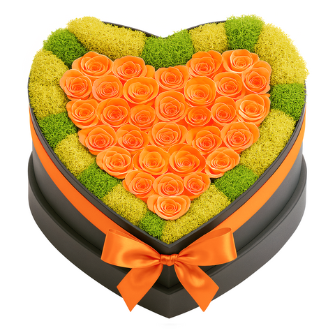 30 Orange Preserved Forever Roses in Heart Box