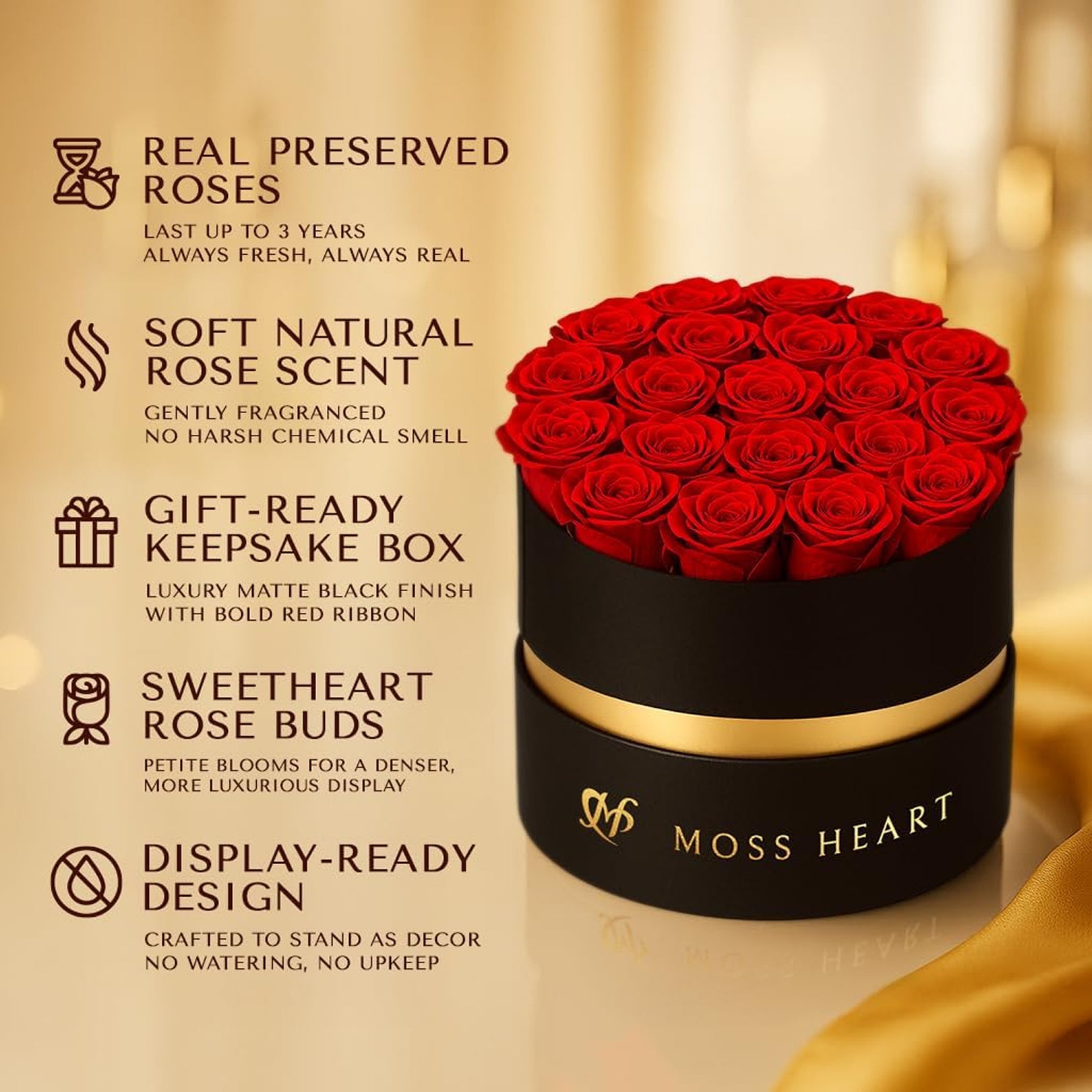 Red Preserved Roses Box 20 Red Preserved Forever Roses in Round Box – Moss Heart