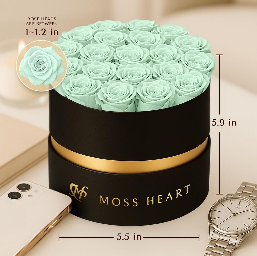 20 Teal Preserved Forever Roses in Round Box – Moss Heart