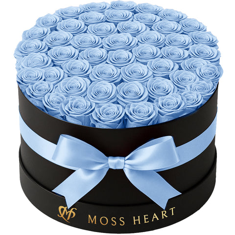 50 Light Blue Preserved Forever Roses in Round Box